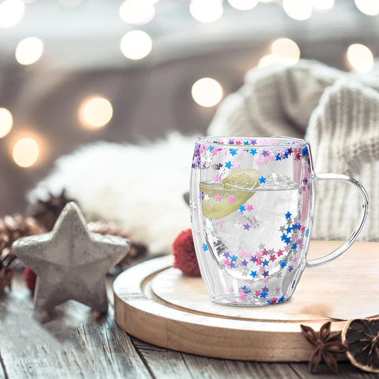 Double Walled Glass Mugs, 350ml Double Walled Star Mug, Insulated Floral Glass Mug